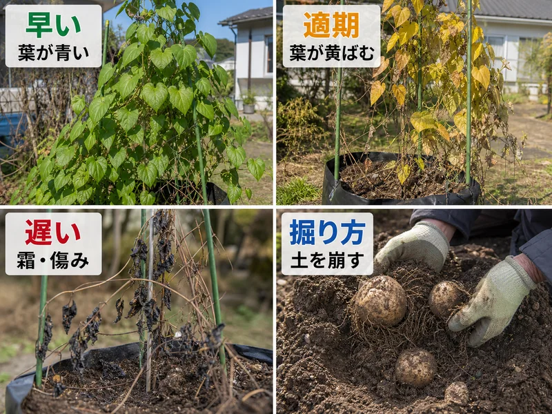 つくね芋の早い、適期、遅い、掘り方を比較した収穫目安画像