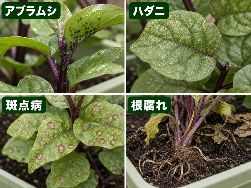 つるむらさきのアブラムシ、ハダニ、斑点病、根腐れをまとめた診断画像