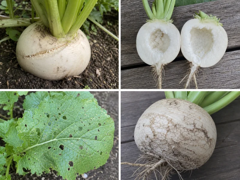 かぶの割れ、す入り、虫食い葉、硬化を比較した画像