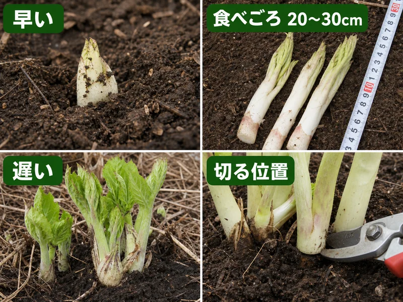 うどの早い芽、食べごろ20から30cm、遅い芽、切る位置を比較した収穫目安画像