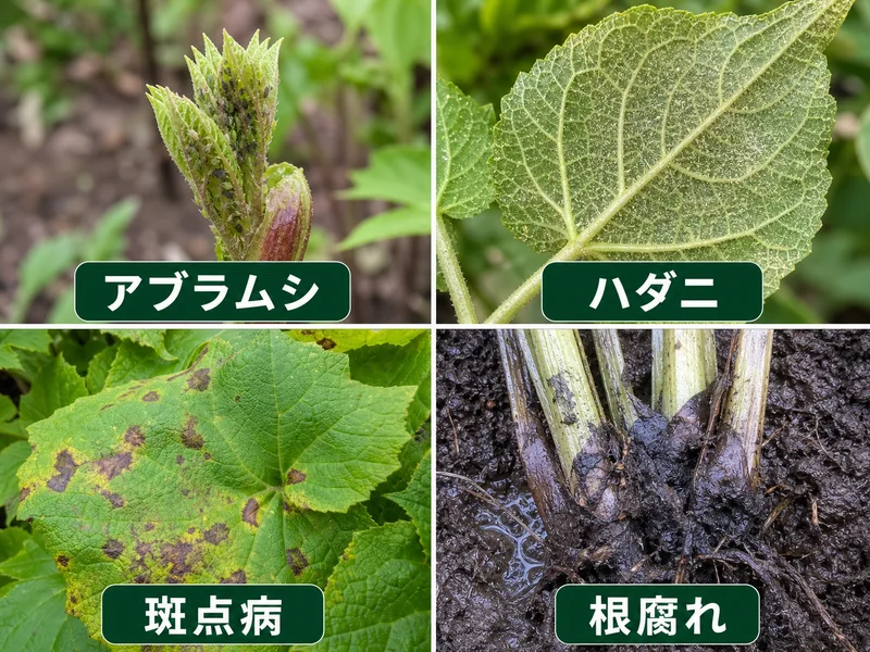 うどのアブラムシ、ハダニ、斑点病、根腐れを比較した病虫害診断画像