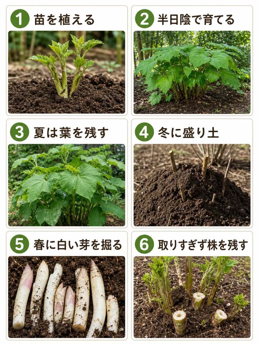 うどの苗植え、半日陰管理、夏の葉残し、冬の盛り土、春の収穫、株を残す流れ