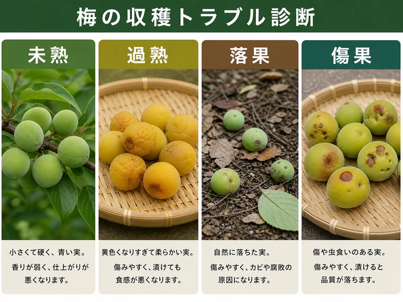 梅の収穫時期の収穫前後のトラブルを比較した画像
