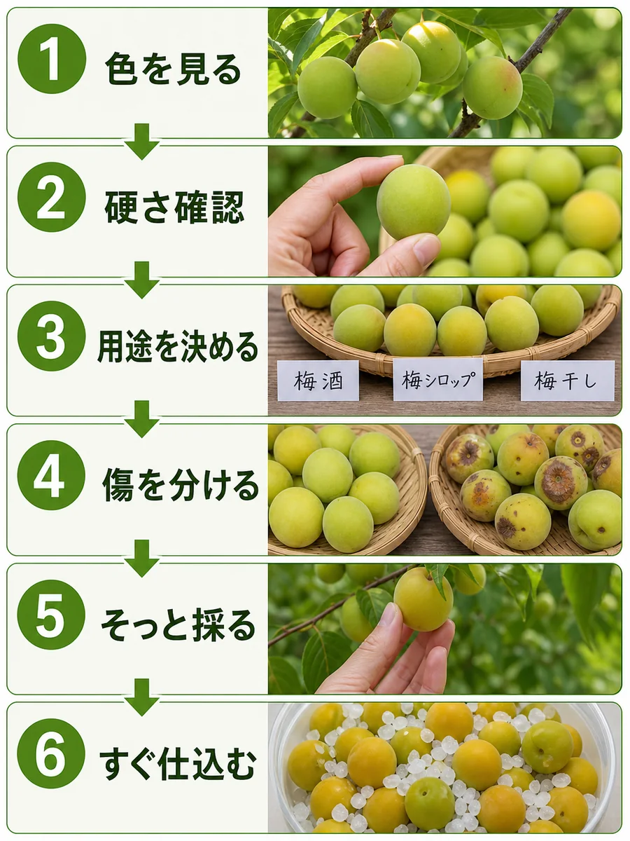梅の収穫時期の判断手順をまとめた縦長画像
