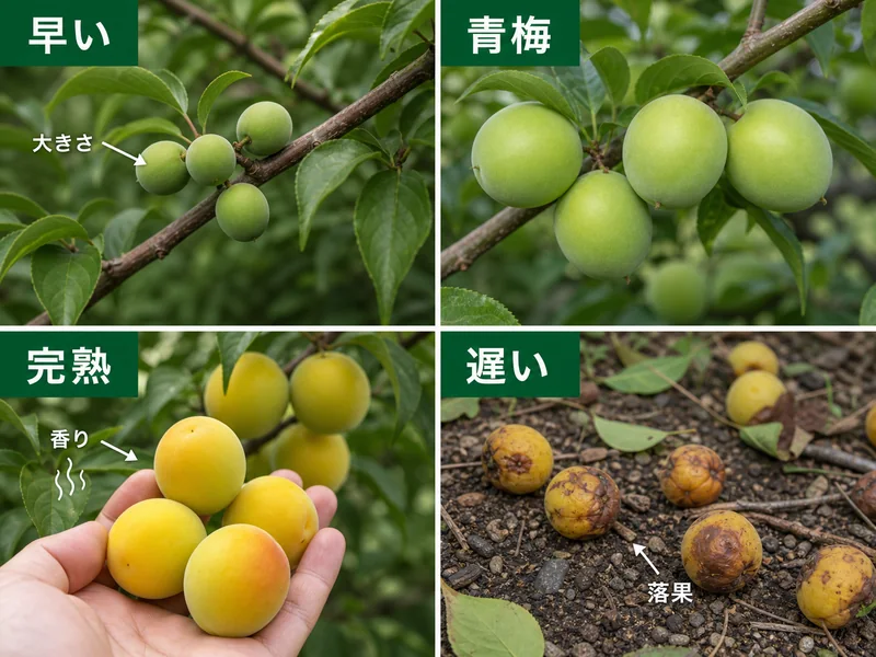 梅の早い、青梅、完熟、遅いを比較した収穫目安画像