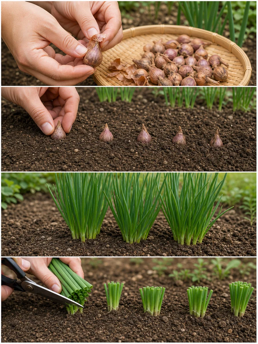 ワケギの種球を選び、芽を上に浅植えし、分けつした葉を株元から3〜4cm残して切る四工程