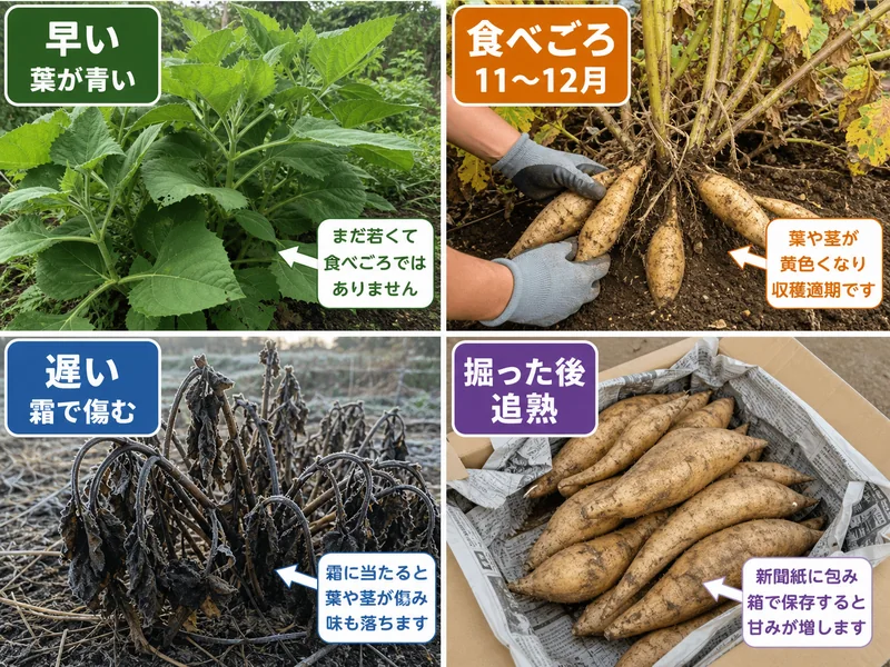 ヤーコンの早い株、食べごろ11〜12月、霜で傷んだ遅い株、掘った後の追熟を比べる画像
