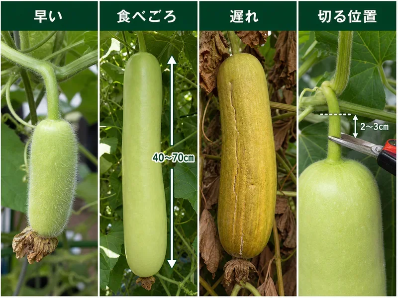 夕顔の早い実、食べ頃、過熟、ヘタを切る位置の比較