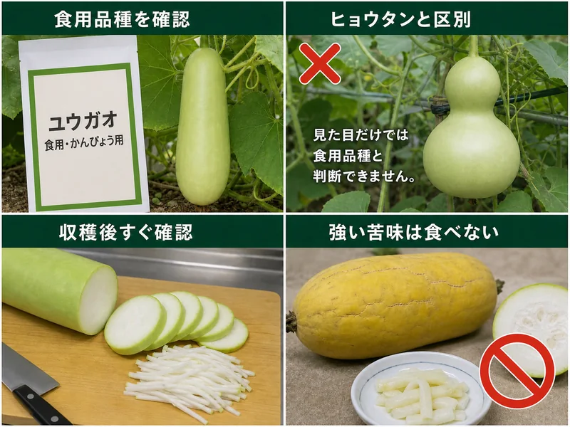 食用品種の確認、ヒョウタンとの区別、収穫後の確認、強い苦味の中止判断