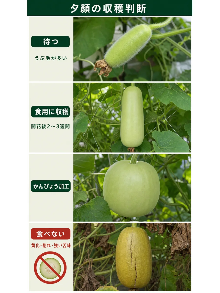夕顔の待つ、食用収穫、かんぴょう加工、食べないを比較した縦長画像