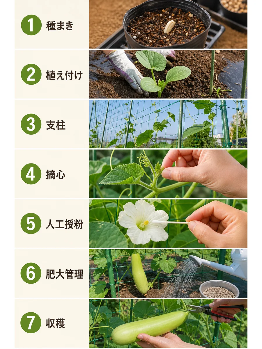 夕顔の種まき、植え付け、支柱、摘心、人工授粉、肥大管理、収穫をまとめた縦長画像