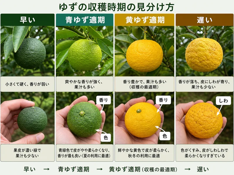 ゆずの早い実、青ゆず適期、黄ゆず適期、遅い実を比較した収穫目安画像
