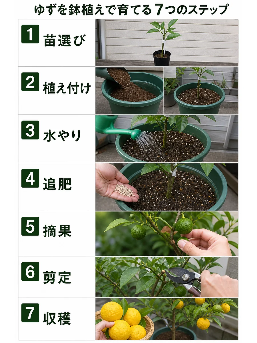 ゆずの苗選び、植え付け、水やり、追肥、摘果、剪定、収穫までの流れ
