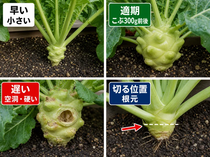 ザーサイの早い、適期、遅い、切る位置を比較した収穫目安画像