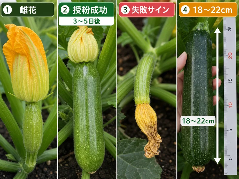 ズッキーニの雌花、授粉成功、失敗サイン、18〜22cmの収穫目安を比較した画像