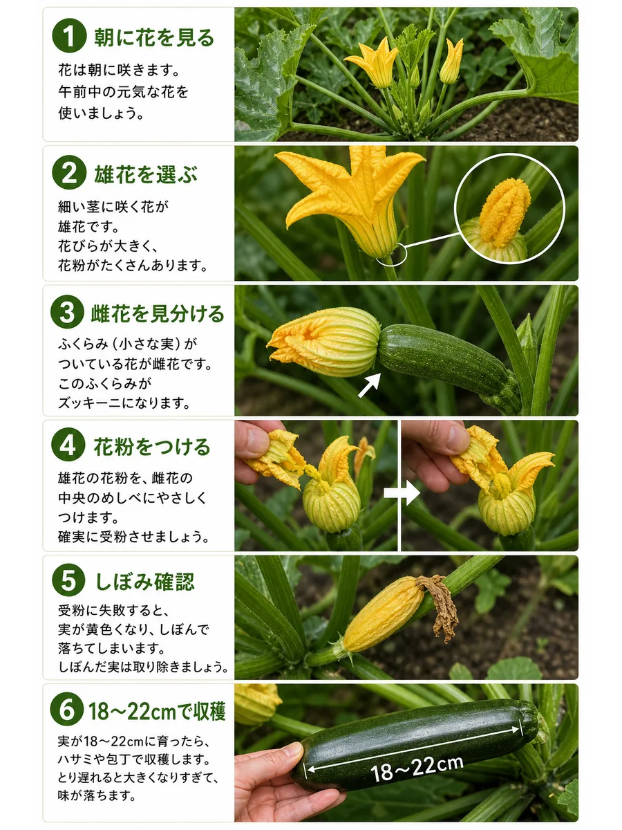 ズッキーニの人工授粉で朝に花を見る、雄花を選ぶ、雌花を見分ける、花粉をつける、しぼみを確認、18〜22cmで収穫する手順