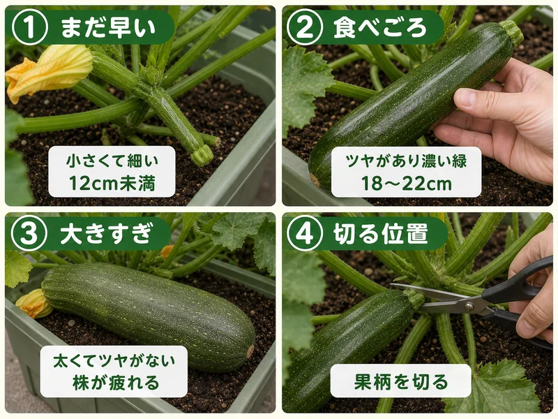 ズッキーニのまだ早い、食べごろ、大きすぎ、切る位置を比較した収穫目安画像