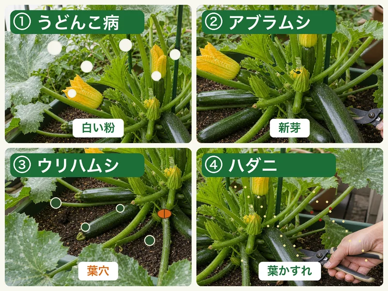 ズッキーニのうどんこ病、アブラムシ、ウリハムシ、ハダニをまとめた診断画像