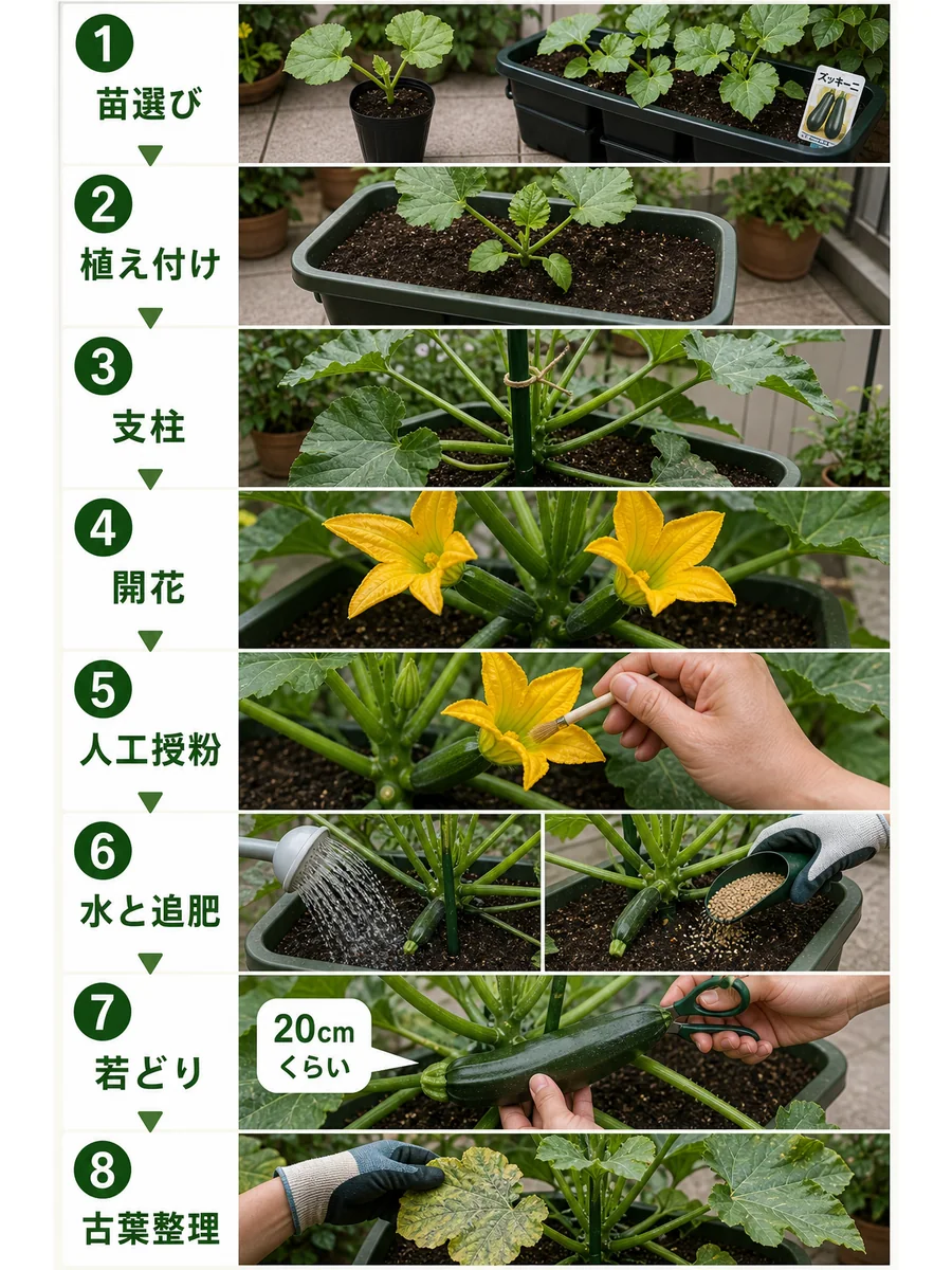 ズッキーニの苗選び、植え付け、支柱、開花、人工授粉、追肥、若どり収穫をまとめた縦長画像
