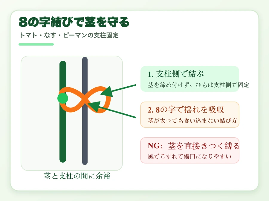 8の字結びで茎を支柱に固定する方法